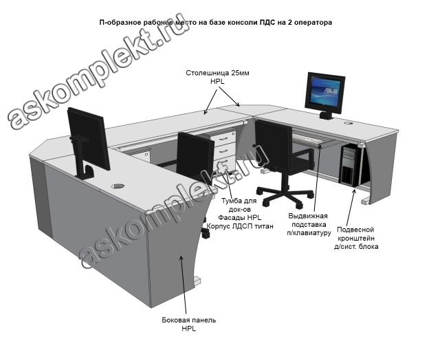 П-образный компьютерный стол диспетчера на 2 места